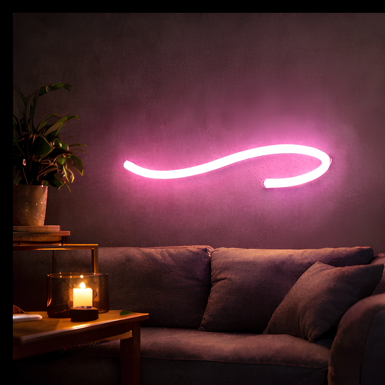 Enseigne néon LED rose murale installée au-dessus d’un canapé, éclairage d’ambiance durable et stable pour intérieur moderne