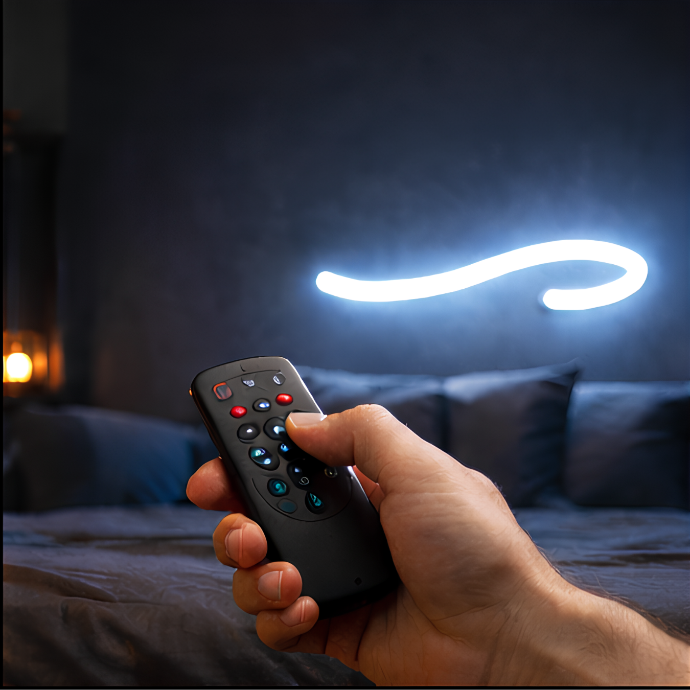 Télécommande contrôlant une enseigne néon LED murale blanche, réglage de luminosité et ambiance personnalisable