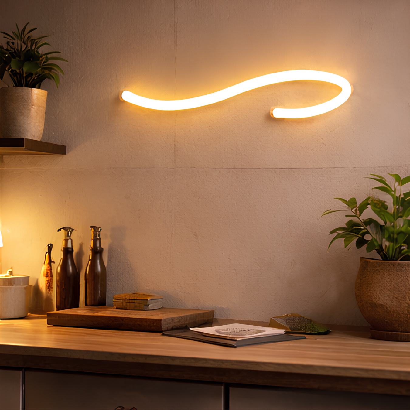 Enseigne néon LED jaune installée sur mur décoratif avec étagères, éclairage prêt à installer pour décoration intérieure