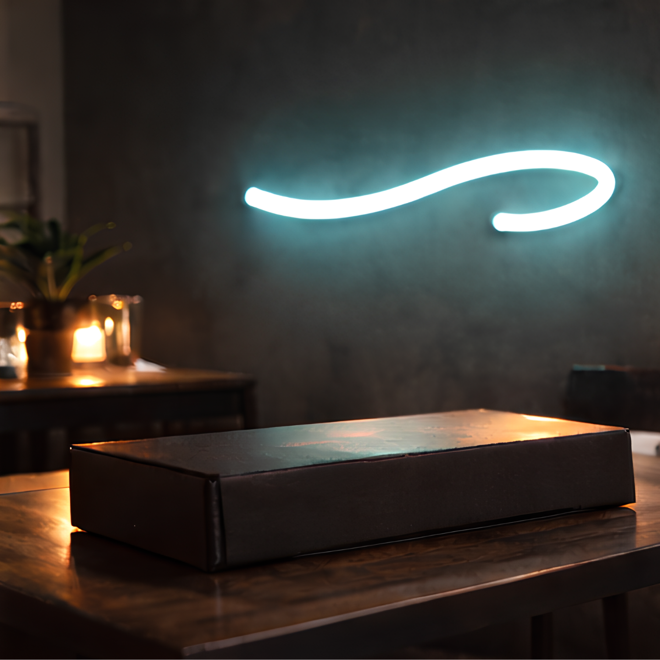Boîte d’enseigne néon LED posée sur table, emballage sécurisé pour livraison rapide et installation facile