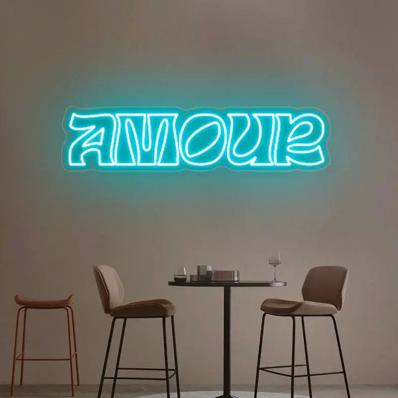 Enseigne néon LED AMOUR bleue créant une ambiance lumineuse apaisante, éclairage néon DIY idéal pour décoration moderne.