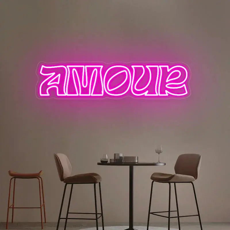 Enseigne néon LED AMOUR rose lumineuse servant de décoration murale DIY pour chambres romantiques ou espaces créatifs.