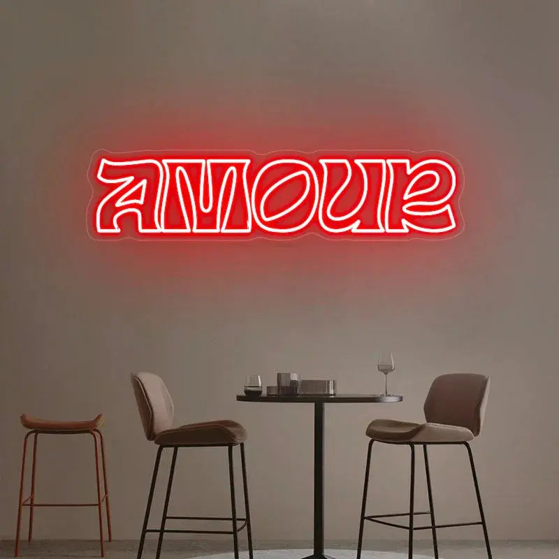 Enseigne néon LED AMOUR rouge offrant un éclairage romantique intense, élément mural néon DIY pour espaces intimes.