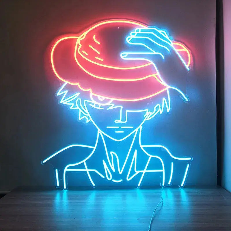 Lumière néon LED silhouette personnage anime avec lueur bleue et chapeau rouge fixée au mur