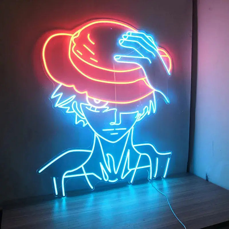 Enseigne néon LED chapeau de paille anime bleu et rouge, décoration murale DIY pour chambre ou setup gaming