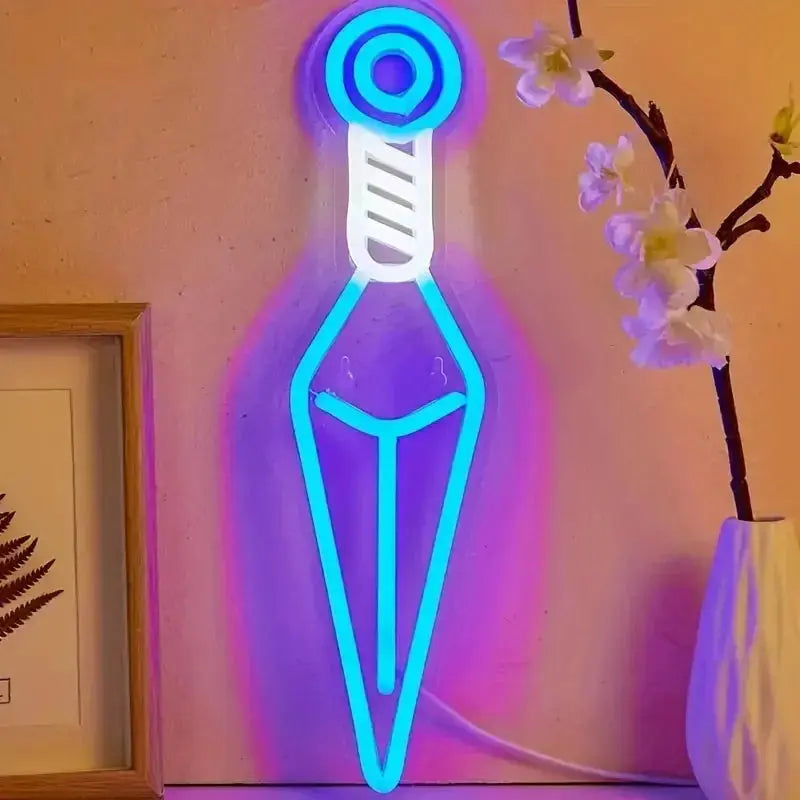 Lampe murale LED néon anime bleu et rouge représentant un personnage au chapeau de paille, parfaite pour une décoration gaming.