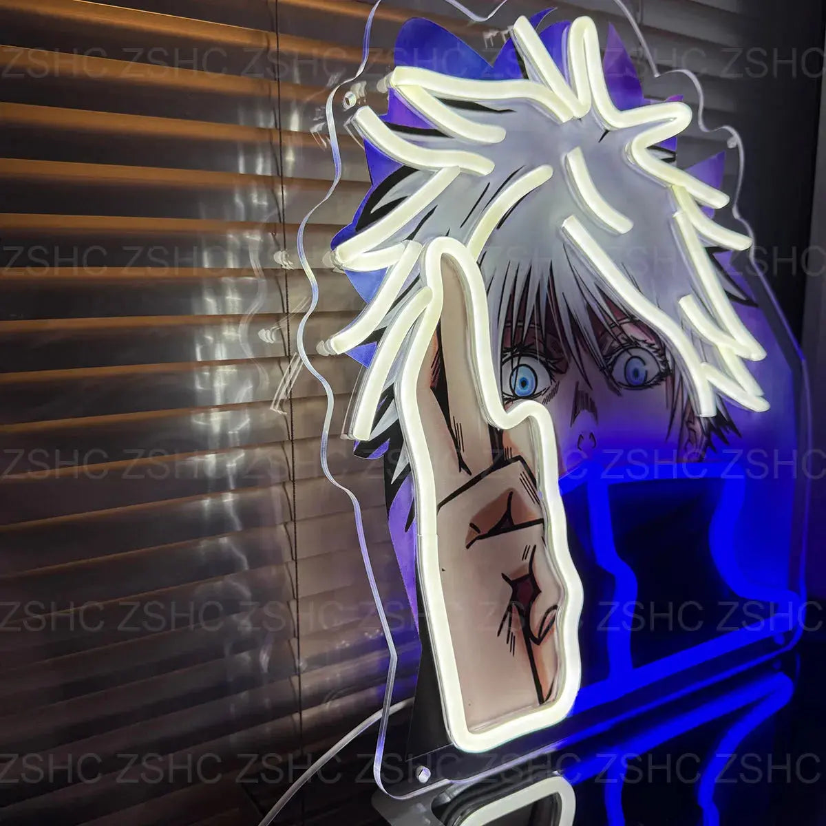 Lampe LED néon anime représentant un personnage aux cheveux blancs faisant un geste de la main, éclairage bleu et blanc.