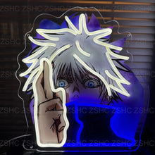 Vue frontale d’une enseigne murale LED néon anime avec personnage aux cheveux blancs éclairé en bleu et blanc.