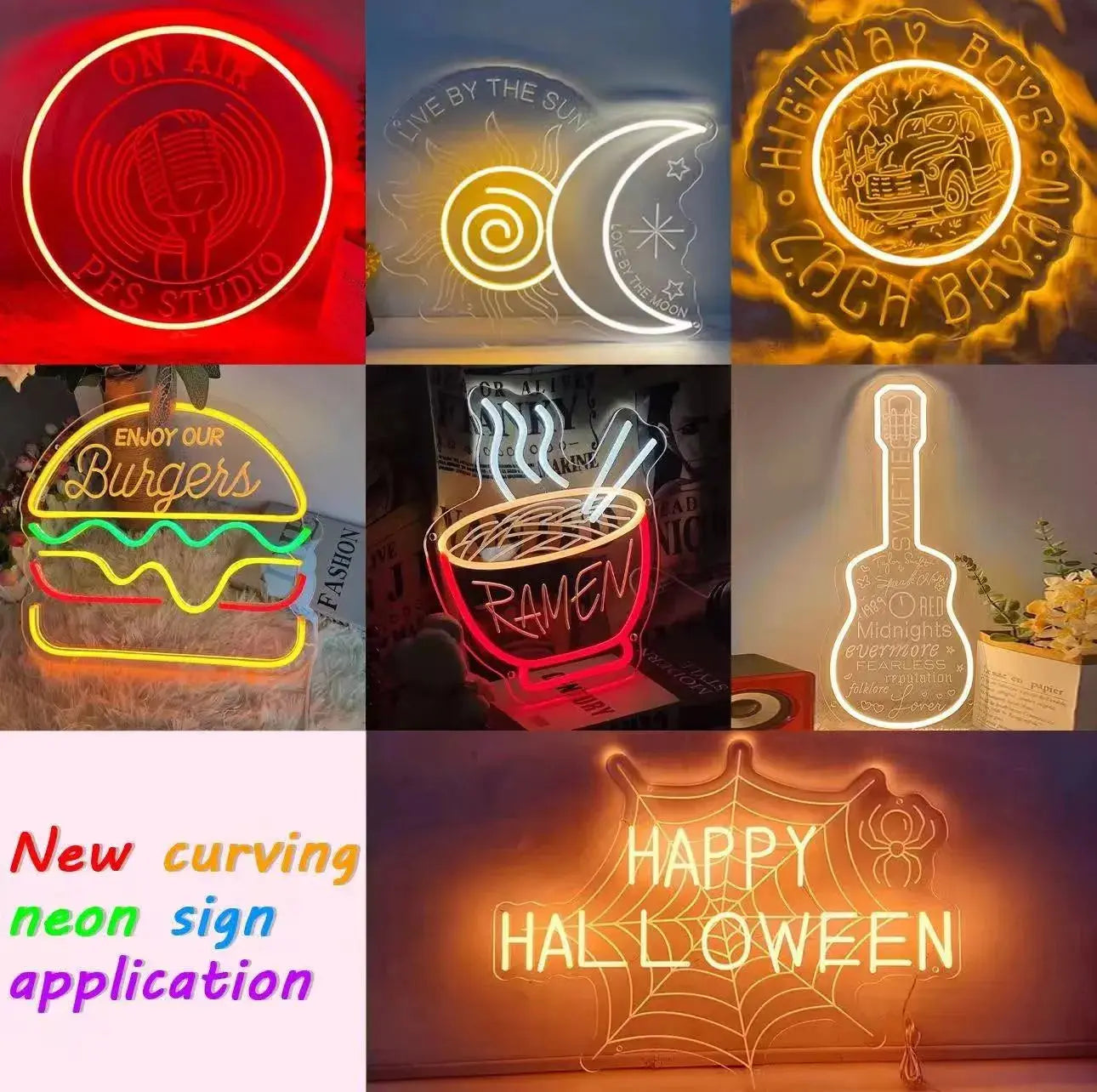 Exemples variés d’enseignes LED néon incluant burger, ramen, lune, microphone et décor Halloween lumineux.