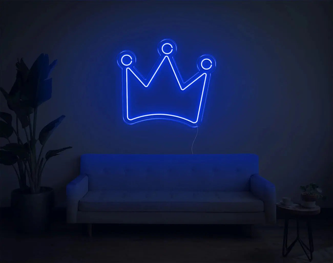 Enseigne néon LED couronne bleue améliorant l’ambiance d’une pièce créative avec une lumière douce