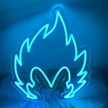 Icône néon LED en forme de flamme bleue, lumineuse sur fond sombre