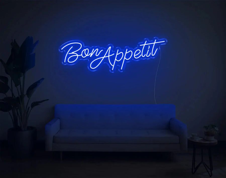 Enseigne néon LED Bon Appetit bleue au-dessus d’un canapé, décoration murale néon DIY moderne pour salle à manger ou salon