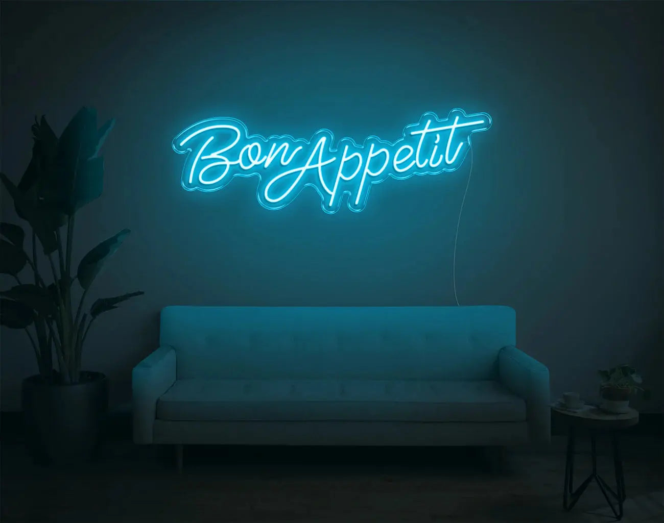 Néon LED Bon Appetit cyan créant une lumière d’ambiance douce, décoration néon DIY élégante pour intérieur
