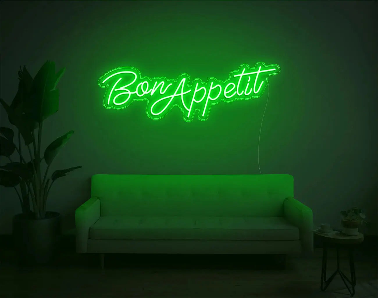 Néon LED Bon Appetit vert brillant au-dessus du canapé, éclairage néon DIY sublimant un salon moderne