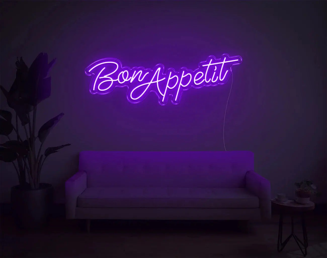Lettrage néon LED Bon Appetit violet illuminant le mur, décoration néon DIY créative pour intérieur contemporain