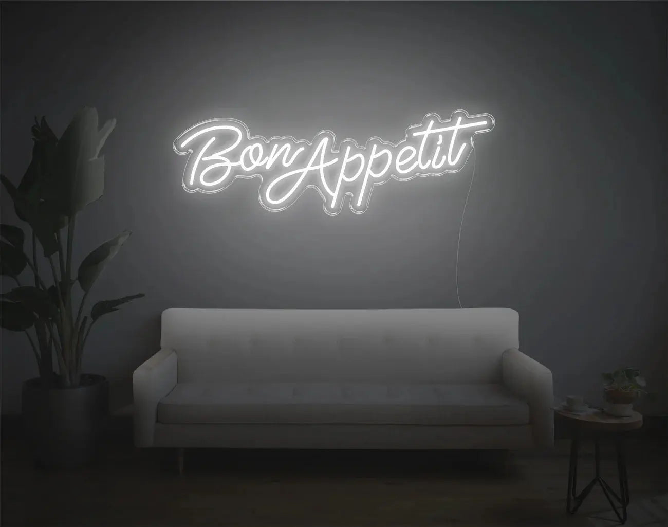 Néon LED Bon Appetit blanc dans un intérieur minimaliste, éclairage néon DIY épuré pour décoration moderne