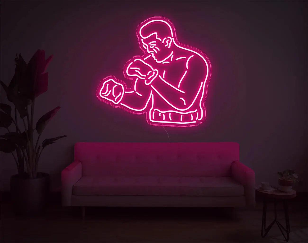 Œuvre murale boxeur en néon rose vif idéale pour une salle de sport maison ou une chambre audacieuse