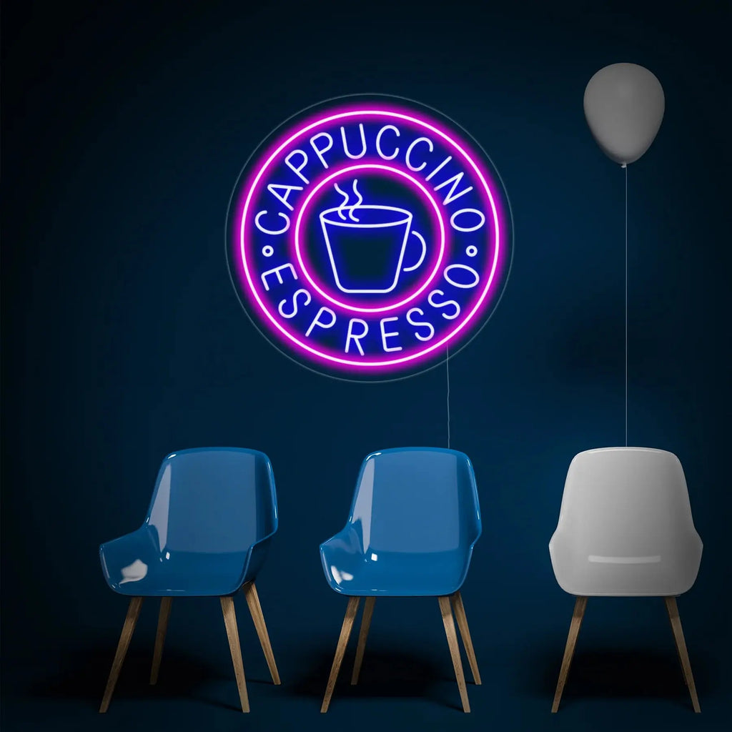 Enseigne néon LED cappuccino espresso lumineuse en violet et bleu au-dessus de chaises modernes, décoration murale de café