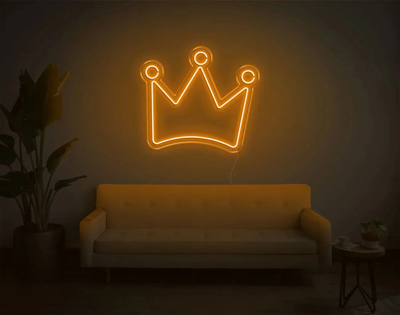 Art mural néon couronne orange chaud apportant une lumière LED chaleureuse à un intérieur