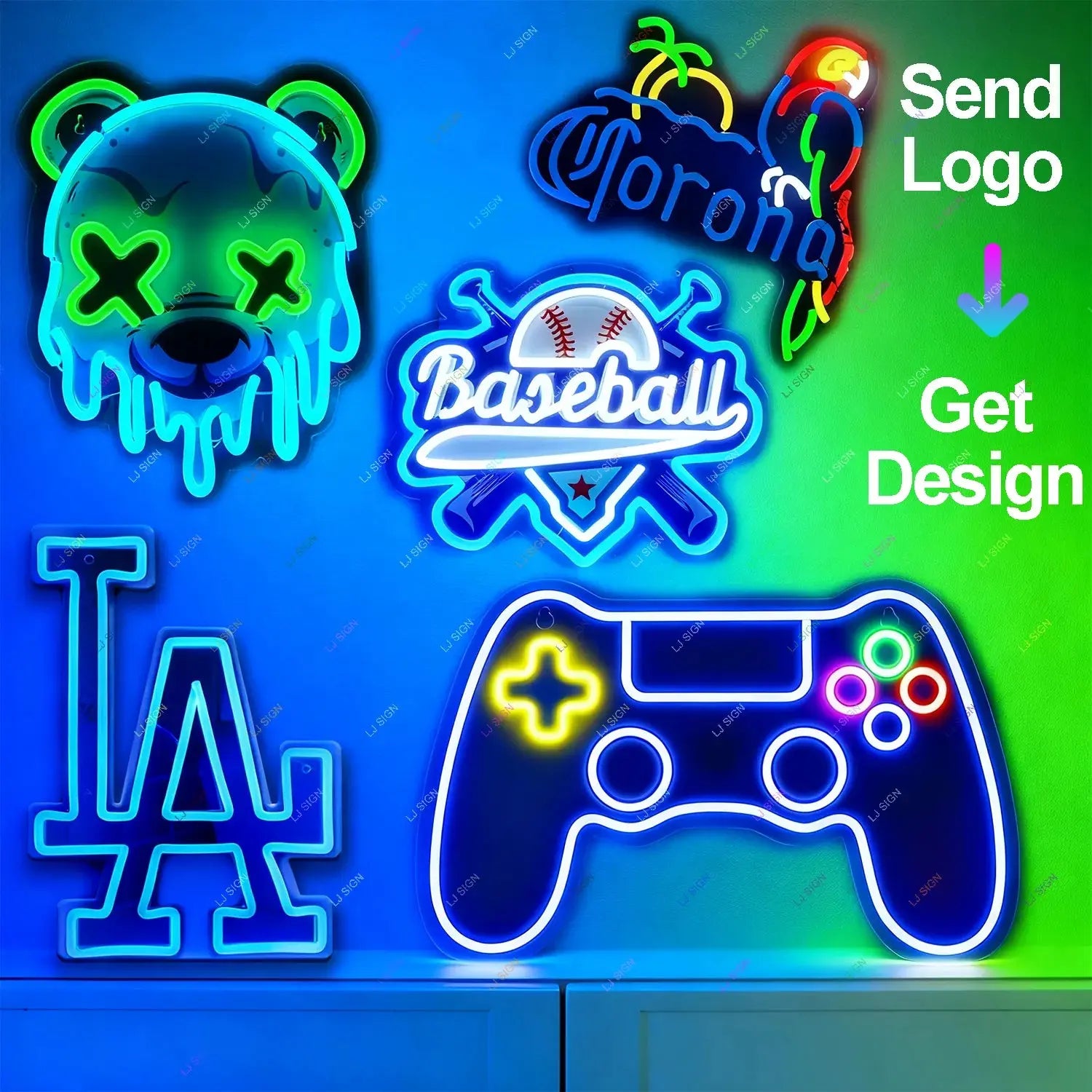 Enseignes LED néon personnalisées incluant manette gaming, logo baseball et décorations murales lumineuses.