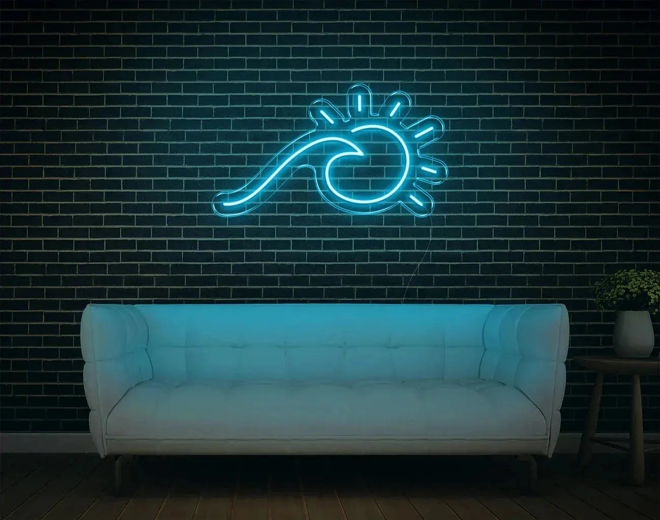Art mural vague LED néon cyan apportant une lumière douce à une décoration intérieure contemporaine