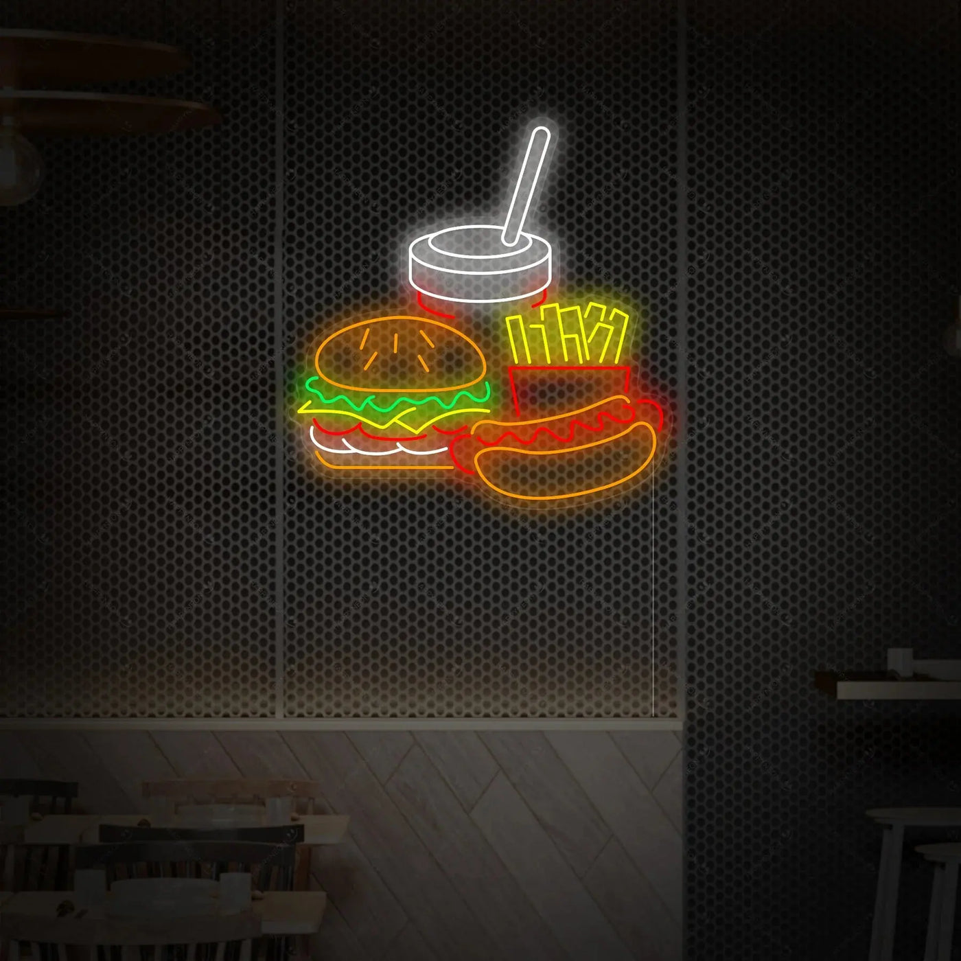 Enseigne murale DIY LED néon fast food avec burger, frites, boisson et hot-dog pour décoration de restaurant