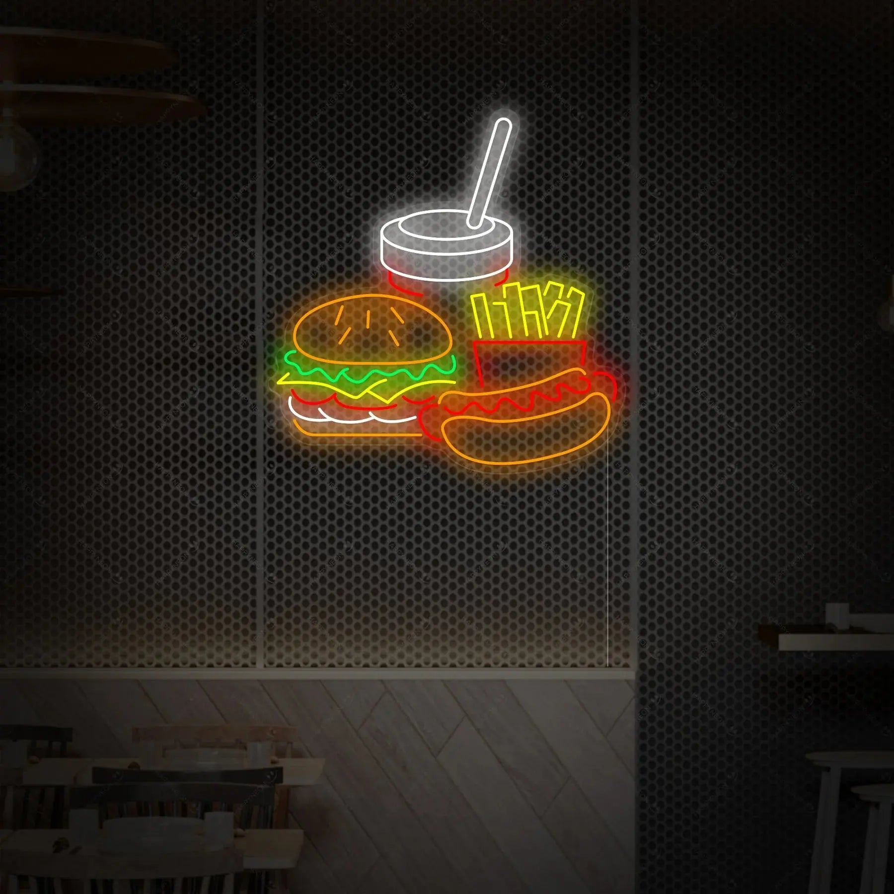 Enseigne murale DIY LED néon fast food avec burger, frites, boisson et hot-dog pour décoration de restaurant