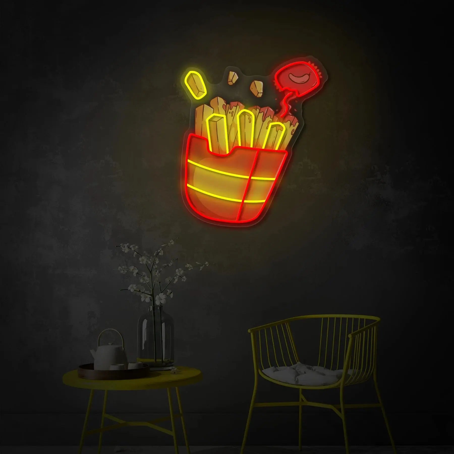 Enseigne frites LED néon DIY avec illustration dynamique, décoration murale snack bar moderne