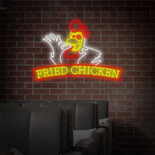 Enseigne restaurant poulet frit LED néon DIY avec illustration de poulet sur mur en brique