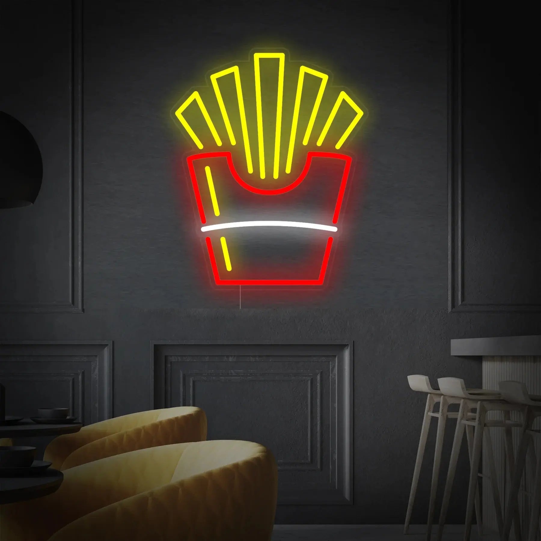 Icône frites LED néon DIY minimaliste lumineuse sur mur intérieur moderne