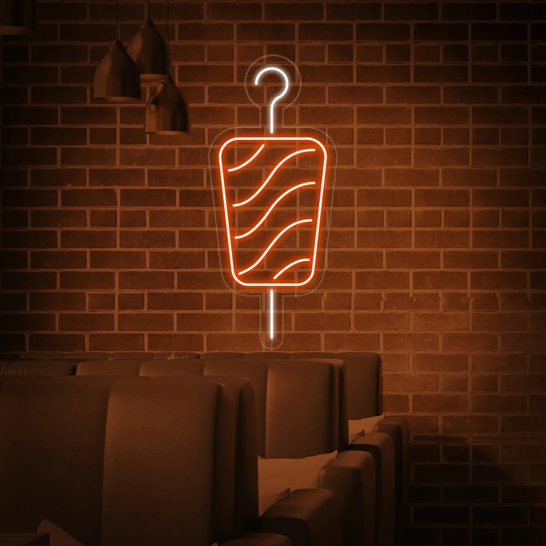 Enseigne brochette kebab LED néon DIY fixée sur mur en brique, éclairage ambiance restaurant
