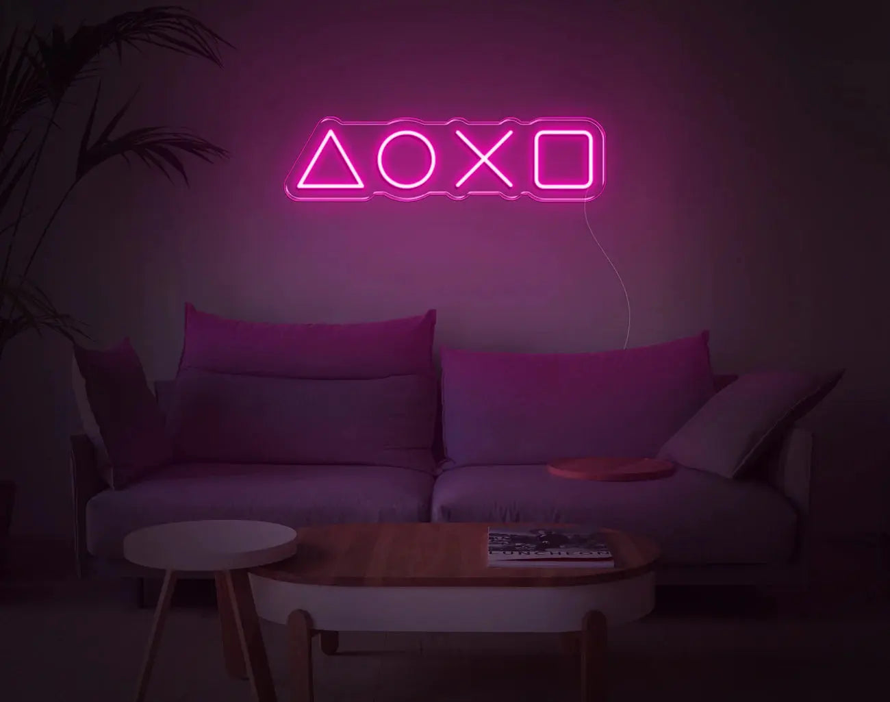 Lumière murale LED néon rose avec symboles PlayStation pour ambiance gaming