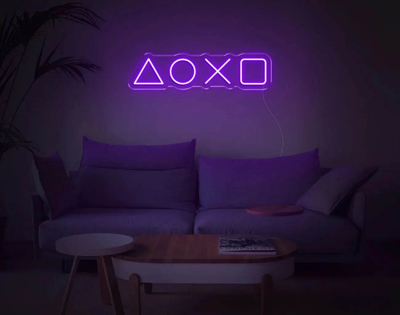 Décoration murale gaming LED néon violette avec icônes PlayStation