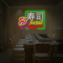 Enseigne sushi bar LED néon DIY avec caractères japonais et illustration sushi pour décoration restaurant