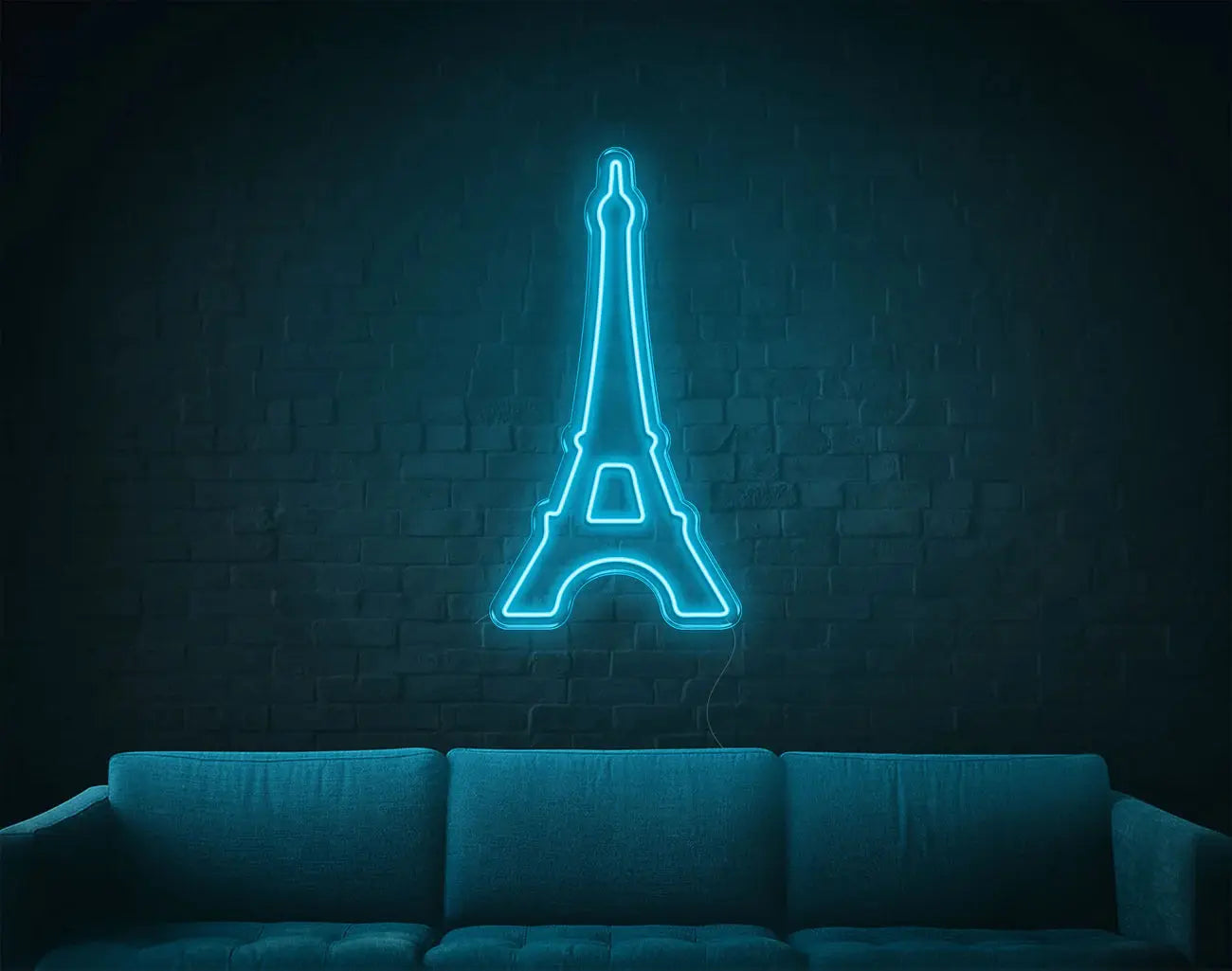 Lumière néon LED Tour Eiffel cyan diffusant une lueur moderne, éclairage mural DIY élégant