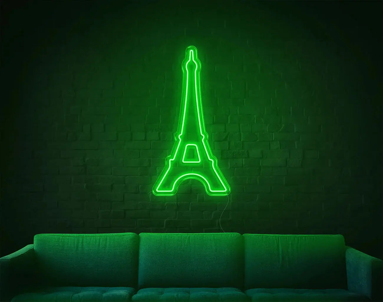 Décoration néon LED Tour Eiffel verte illuminant un mur de salon, élément lumineux DIY original