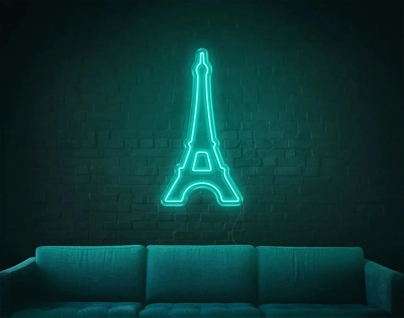 Lumière néon LED Tour Eiffel turquoise fixée sur un mur sombre, accent lumineux DIY contemporain