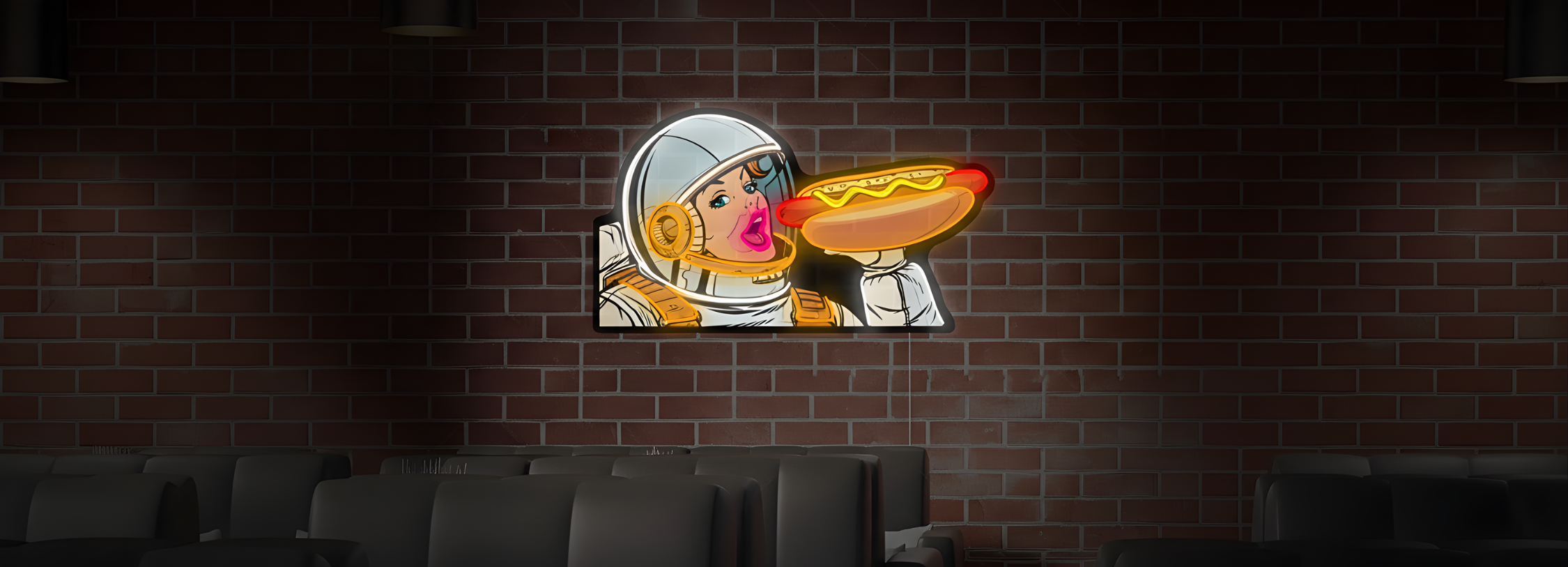 Enseigne néon LED restaurant sushi lumineuse sur mur en briques