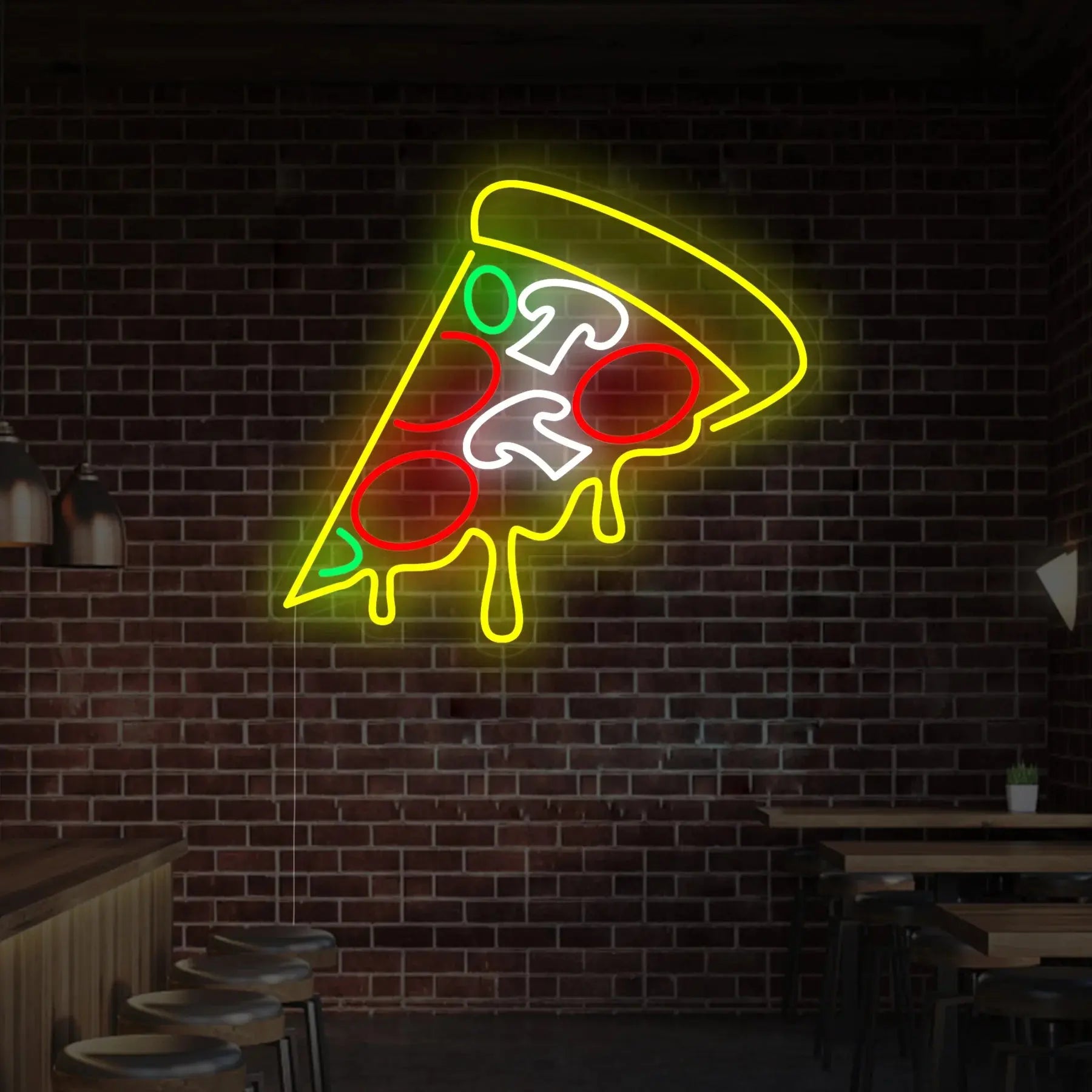 Pizza Neon PrimeEnseigne murale néon LED en forme de part de pizza brillante sur un mur en briques, design néon coloré thème food pour restaurant ou décoration néon DIY