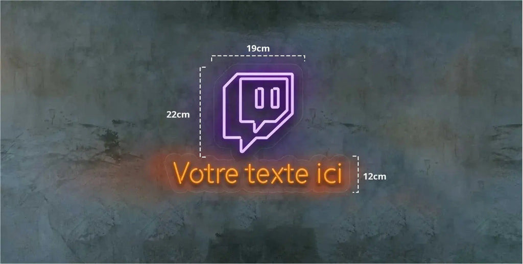 Guide des dimensions d’une enseigne néon LED Twitch avec mesures pour installation murale