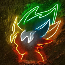 Néon LED contour tête de renard multicolore sur surface texturée avec halo vert et rouge