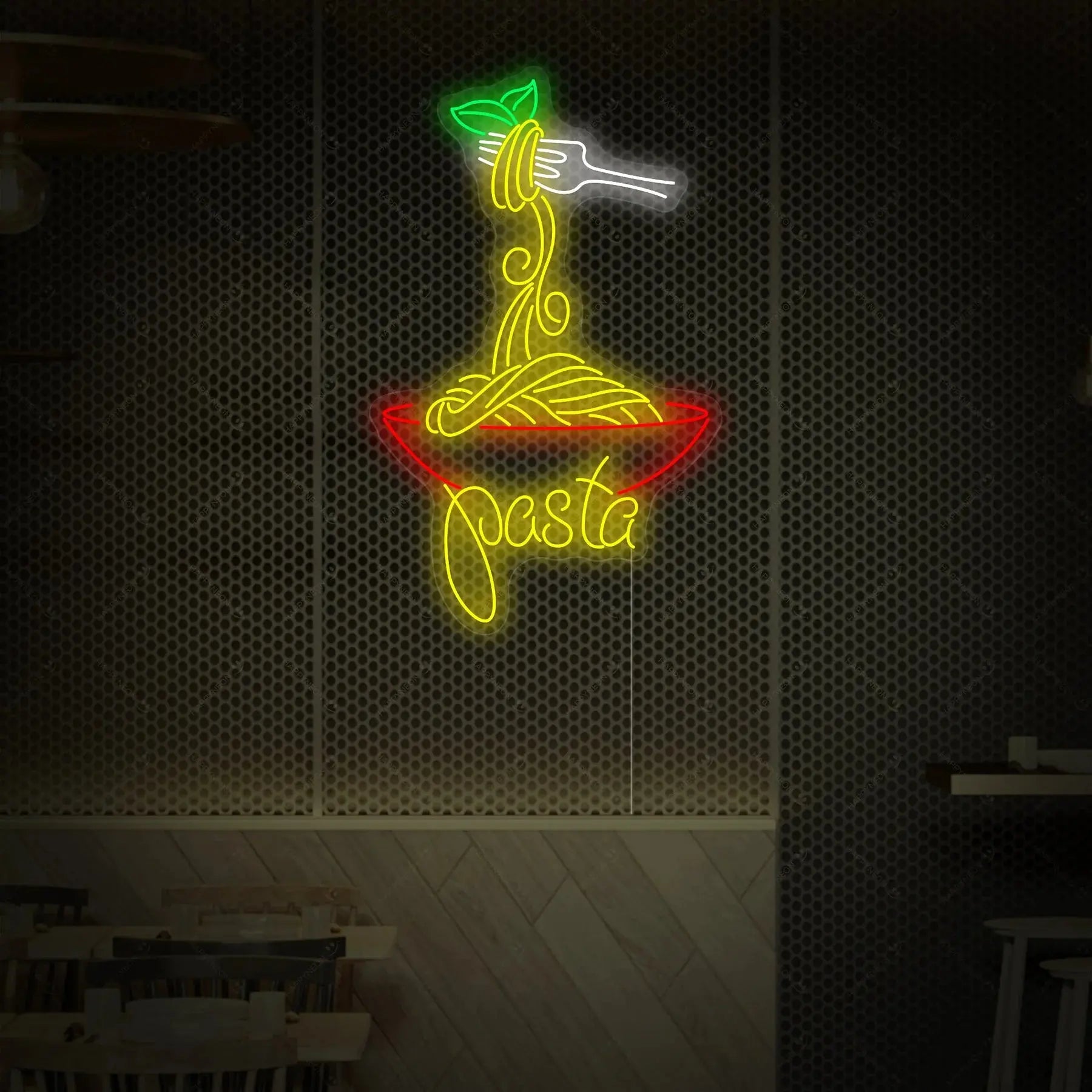 Enseigne néon LED représentant des pâtes lumineuses sur un mur de restaurant, design néon DIY coloré avec une fourchette soulevant des pâtes, idéale pour une décoration de cuisine ou alimentaire.