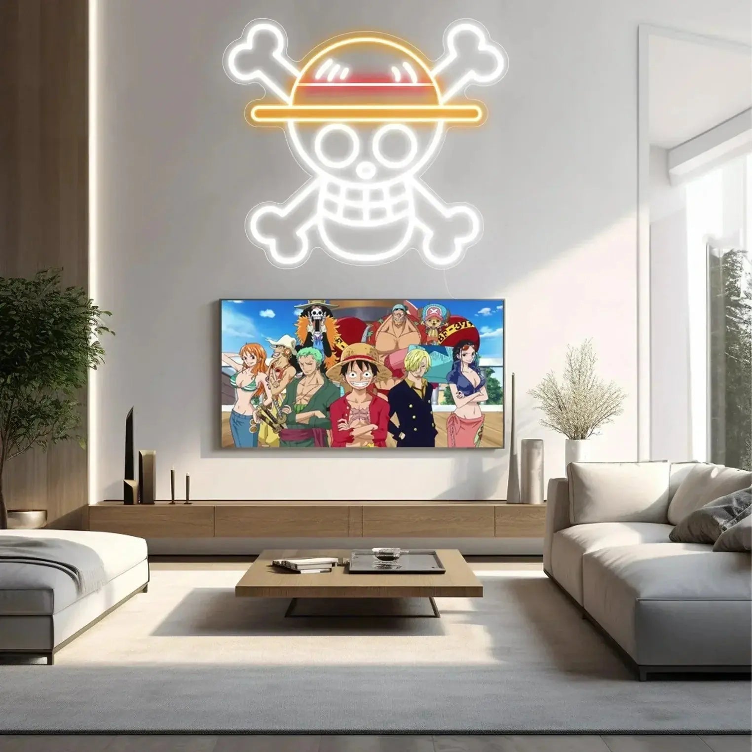 Enseigne murale LED néon inspirée de l’anime One Piece, illuminant un salon moderne avec un éclairage décoratif pour fans