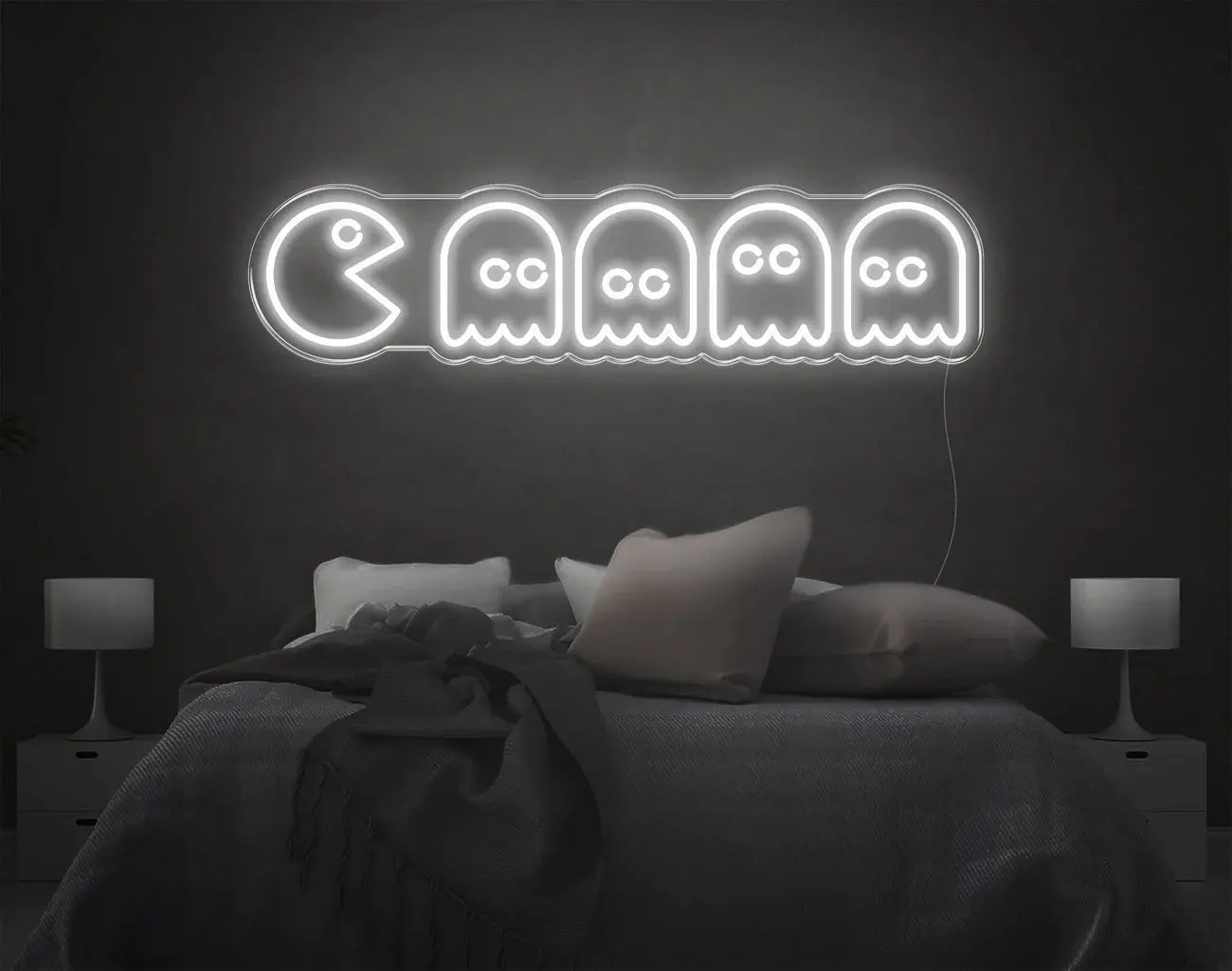 Enseigne murale Pacman LED néon blanche offrant un éclairage d’ambiance moderne.