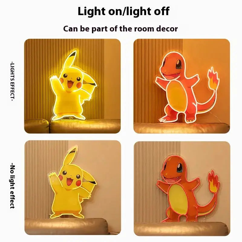 Lampes néon LED Pikachu et Salamèche montrant comparaison effet allumé et éteint