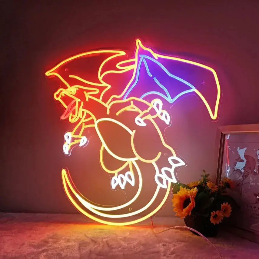 Enseigne néon LED Charizard Pokémon lumineuse orange et bleue, kit néon LED DIY pour décoration gaming