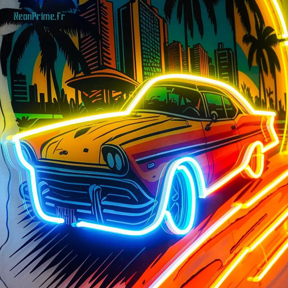 Gros plan sur voiture rétro en néon LED style GTA Vice City