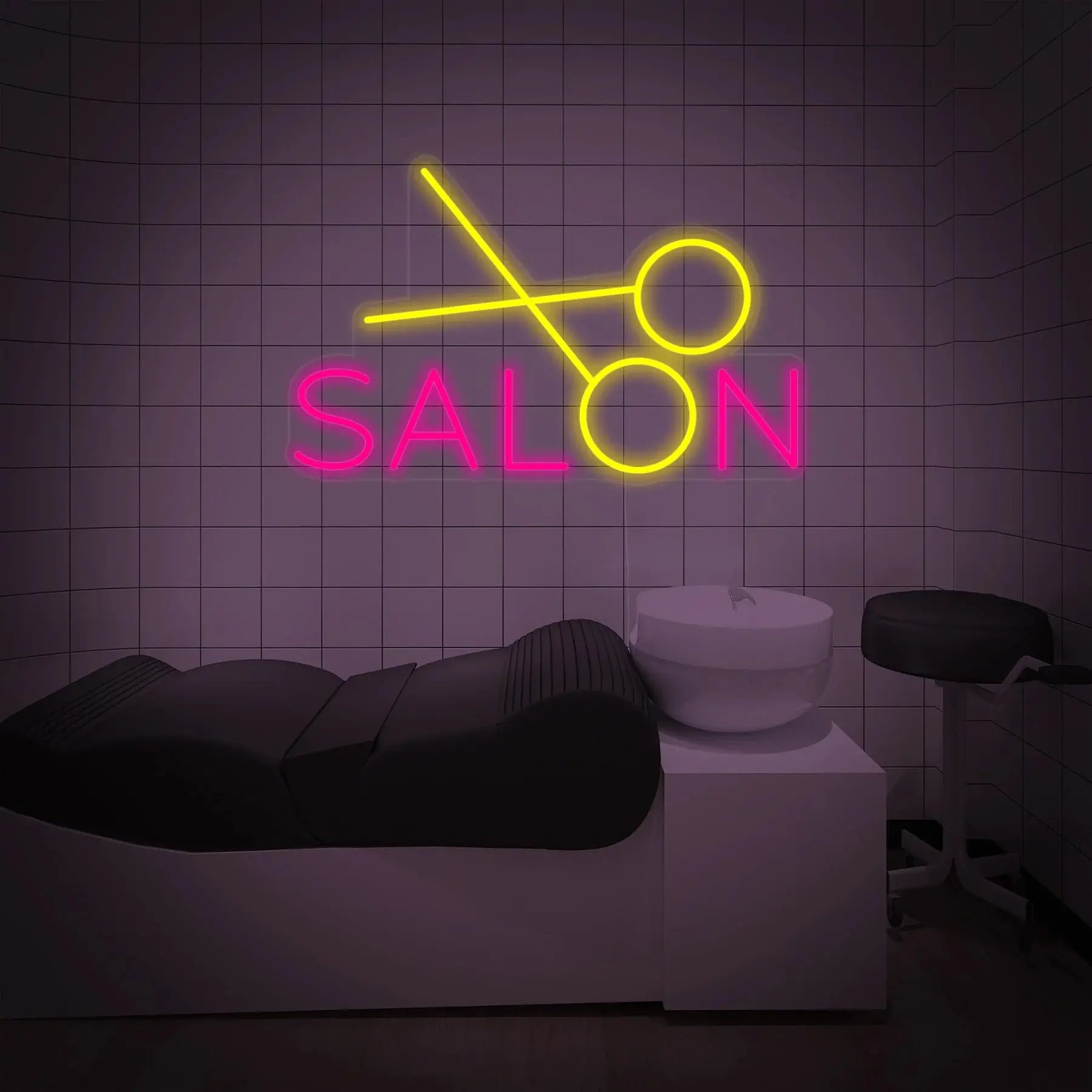 Enseigne néon LED salon avec motif ciseaux rose et jaune installée sur le mur d’un studio de coiffure moderne au-dessus d’un bac de lavage