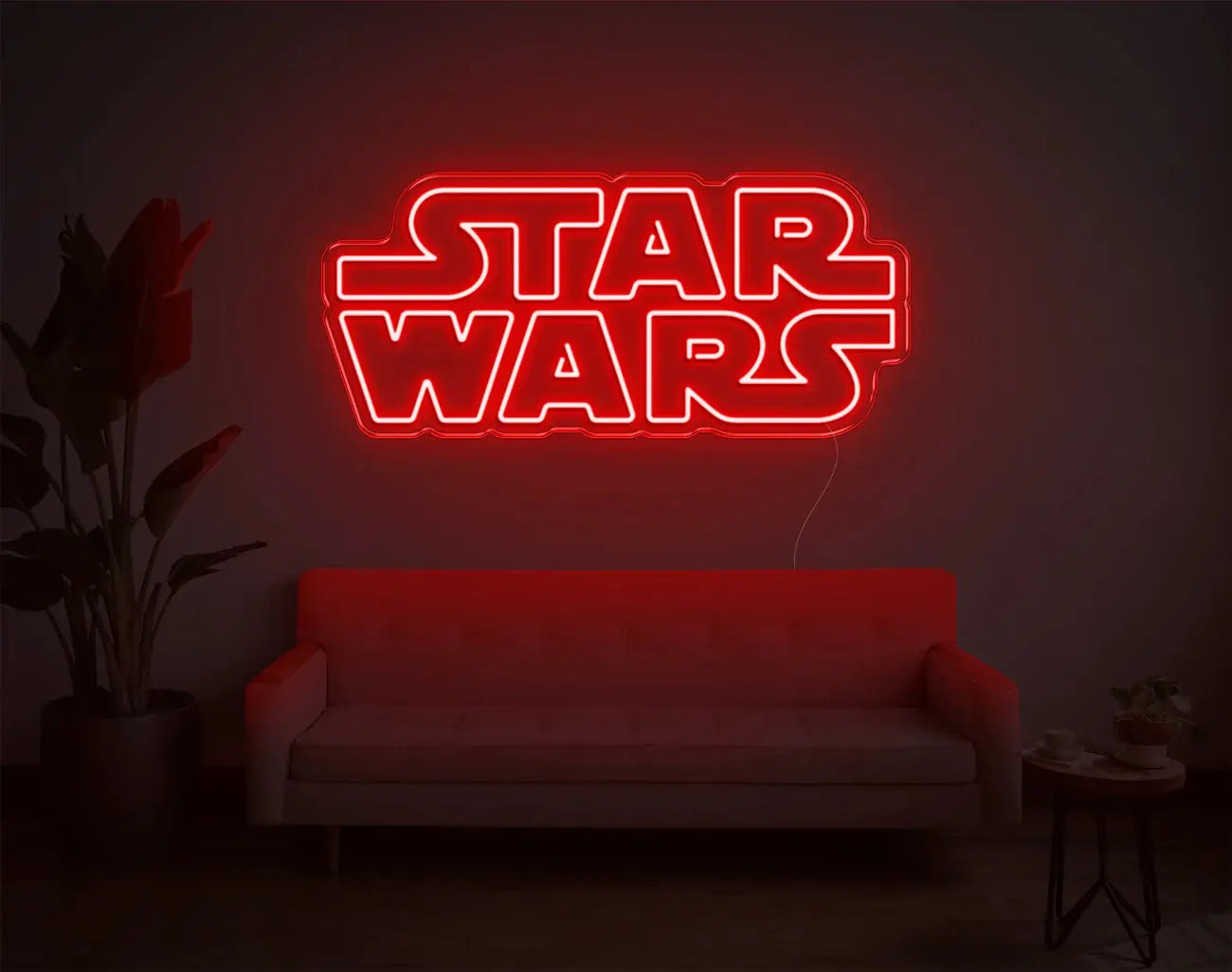 Enseigne LED néon Star Wars rouge brillant intensément dans un intérieur sombre