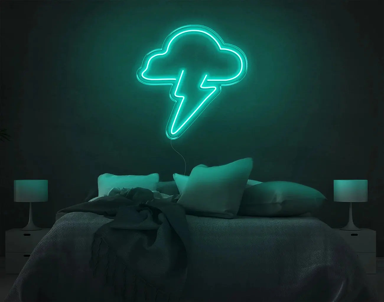 Décoration murale néon LED nuage et éclair turquoise offrant un éclairage d’ambiance DIY rafraîchissant